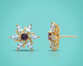 Blue Topaz & Iolite Stud Earrings, 925 Sterling Silver, Birthstone Jewelry, Handmade Jewelry, Fine Jewelry, Statement Earrings,Gifts For Her