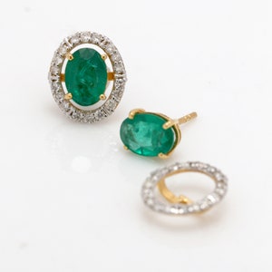 Natural Emerald and White Diamond Earrings, 14 k Gold Earrings, Party Earrings, Diamond & Emerald Earrings, Bridal Jewelry, Gift For Her