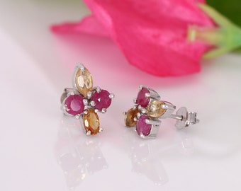 925 Sterling Silver Gem Stud Natural Ruby & Citrine Earrings 14mm Birthday Gifts For your mother,Daughter,Wedding Gifts,Christmas Gifts