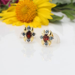 Boucles d'oreilles en grenat et saphir naturels, boucles d'oreilles plaquées or, boucles d'oreilles fête et grenat, bijoux de mariée,