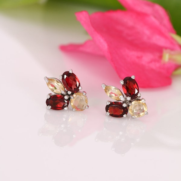 Natural Citrine & Garnet 925 Sterling Silver Gem Stud Earrings 14mm,Beautiful Gemstone Earrings, Gift For Her