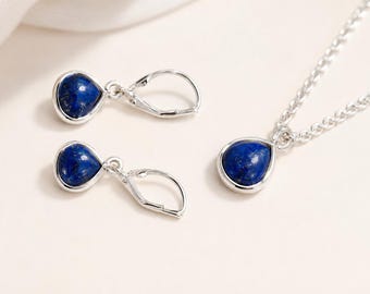 Lapislazuli Halskette Edelstein Ohrringe, 925 Sterling Silber, Vintage Echte Halsketten Schmuck, Blaue Ohrhänger, Schmuckset für Frauen