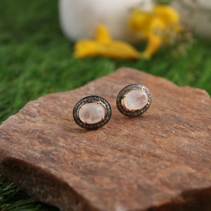 Natural Diamond and Labradorite (White Rainbow) Earrings, Diamond Studs, White Rainbow Valentine&#39;s Day Gift For Women