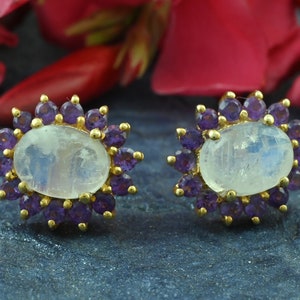 Ear Studs, Natural Amethyst Gemstone Studs, 925 Sterling Silver Earrings, Dainty White Rainbow Moonstone Earrings, Vintage Party Studs