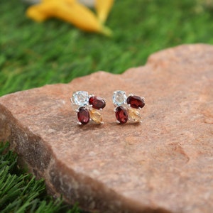 Natural Garnet, Citrine And Blue Topaz 925 Sterling Silver Multi-Color Gemstone Stud Earrings, Beautiful Gift For Her, Pretty Earrings