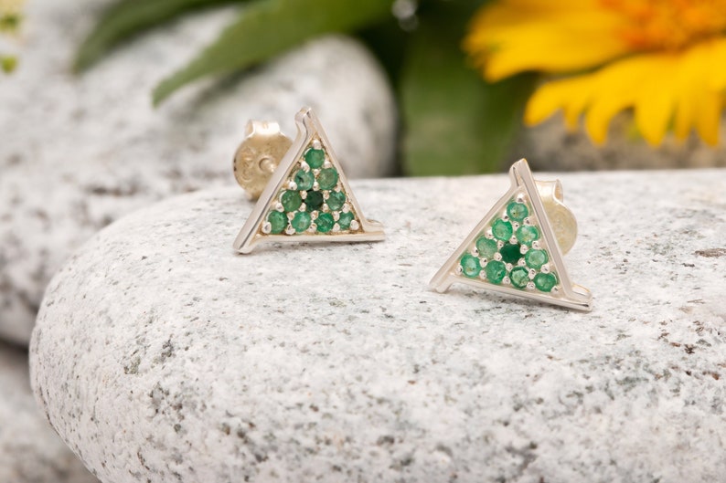 Natural Emerald Stud Earrings, 925 Sterling Silver Gemstone Studs, Small Ear Studs, Birthday Gift for Women, Natural Green Emerald Gemstone image 1