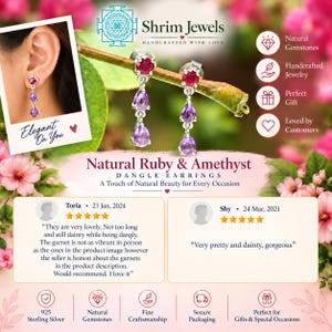 May include: Dangle earrings featuring a round red ruby gemstone at the top, followed by two teardrop-shaped purple amethyst gemstones suspended in a vertical line. The earrings are crafted with silver-toned metal settings and are displayed on a branch.