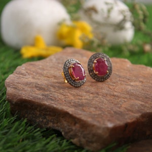 Natural Diamond Earrings, Ruby Diamond Beautiful Stud, Natural Ruby Gold Plated Earrings, Wedding Earrings, Stud Earrings ,Bridal Jewelry