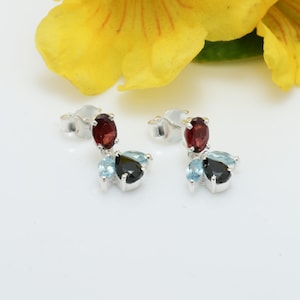 Natural Garnet,Blue Topaz,Black Spinal Earrings Sale 1 pair of Estate 925 Sterling Silver Gem Dangle Pretty Gift For Her