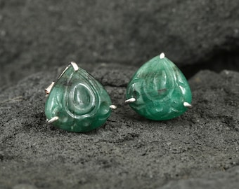 Genuine Natural Emerald Stud Earrings, 925 Sterling Silver Gemstone Handmade Earrings, Unique Design green Color Gifts For Mom,Party Wear