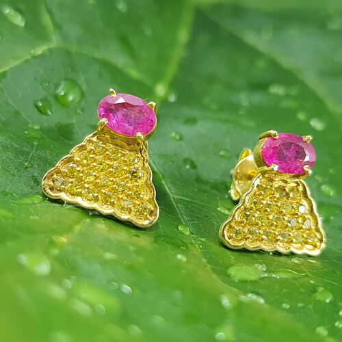 Treated Ruby & Treated Yellow Sapphire Silver Gemstone shops Studs Earring Multi stone Earrings gift for her, gift for daughter