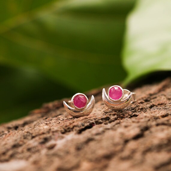 Natural Ruby Moon Shape Stud Earrings. 925 Sterling Silver