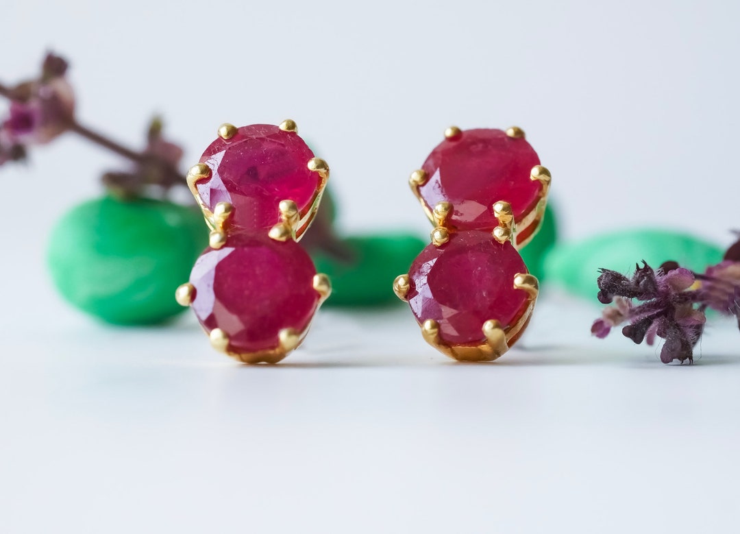 925 Sterling SLV Ruby-Red Stone Floral Drop Earrings