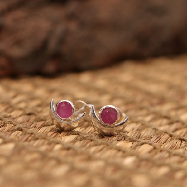 Natural Ruby Moon Shape Stud Earrings. 925 Sterling Silver Dainty Gift For Her Bridesmaid Bridal Wedding Jewelry Natural Gemstone Earrings