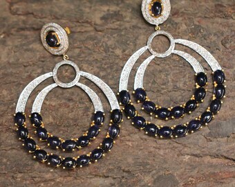 Natural Iolite and Diamond Earrings, Single Cut Diamond Earrings, Natural Iolite Earrings,Sterling Silver Dangle Earrings, Bridal Earrings