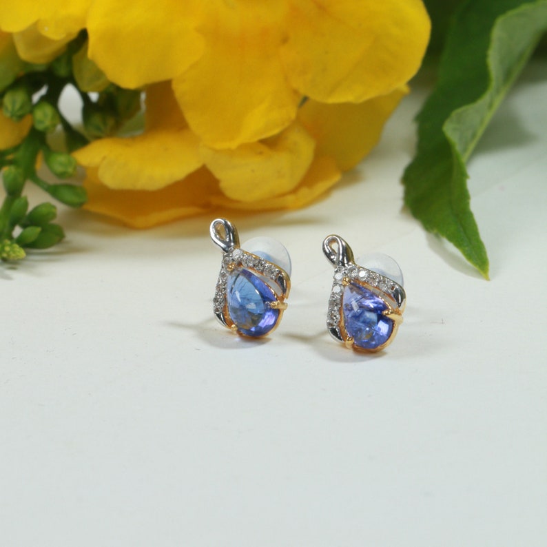 Party Earrings Bridal Jewelry Gift For Her 14 k Gold Earrings Diamond /& Tanzanite Earrings Natural Tanzanite and White Diamond Earrings