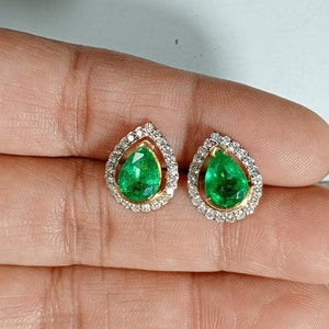 14k Gold Natural Diamond Earrings, Natural Green Emerald Stud Earrings, Solid Gold Earrings, Diamond Gemstone Stud Earrings, Gift for Her