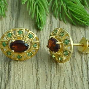 Ear Studs, Natural Tsavorite Garnet Gemstone Studs, 925 Sterling Silver Earrings, Dainty Tsavorite  Garnet Earrings,Vintage Studs
