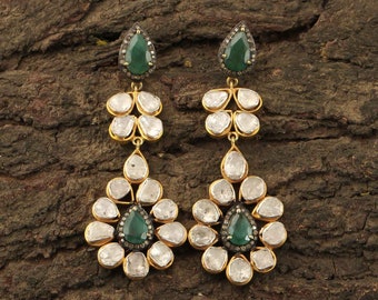 Natural Emerald and Diamond Earrings, Uncut Diamond Earrings, Natural Emerald Earrings, Sterling Silver Dangle Earrings, Bridal Earrings
