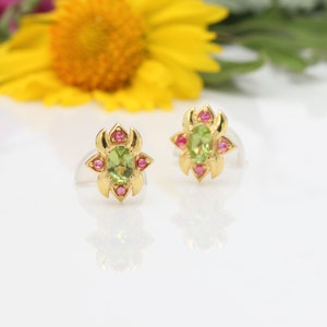 Natürliche Peridot und Rubin Ohrstecker, vergoldete Ohrringe, Rubin Ohrringe, Party Ohrringe, Brautschmuck, einzigartige Geschenke