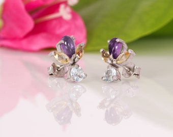 Pair of Estate 925 Sterling Silver Gem Stud Natural Amethyst, Cirtine & Blue Topaz 13mm, Beautiful Gemstone Earrings, Gift For Her