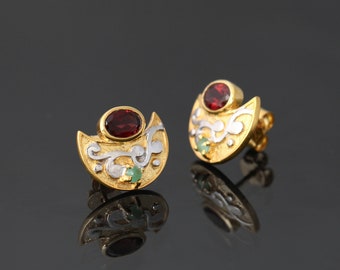 Natural Emerald And Garnet Stud Earrings, 925 Silver Gold Plated Earrings, Party Earrings, Emerald Earrings, Bridal Jewelry,Unique Gifts