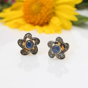 Blue Sapphire And Diamond 1.8 gm Sterling Silver Stud Earrings Gift For Her Beautiful Pretty Gift Sale Wedding Earrings Blue Sapphire Studs