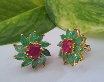 Handmade Silver Earrings natural emerald and ruby stud in 925 sterling silver Jewelry Daily use Party Wear And Office use earrings