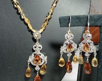 Citrine Jewelry Set, Sterling Silver Necklace Earrings, CZ Accents