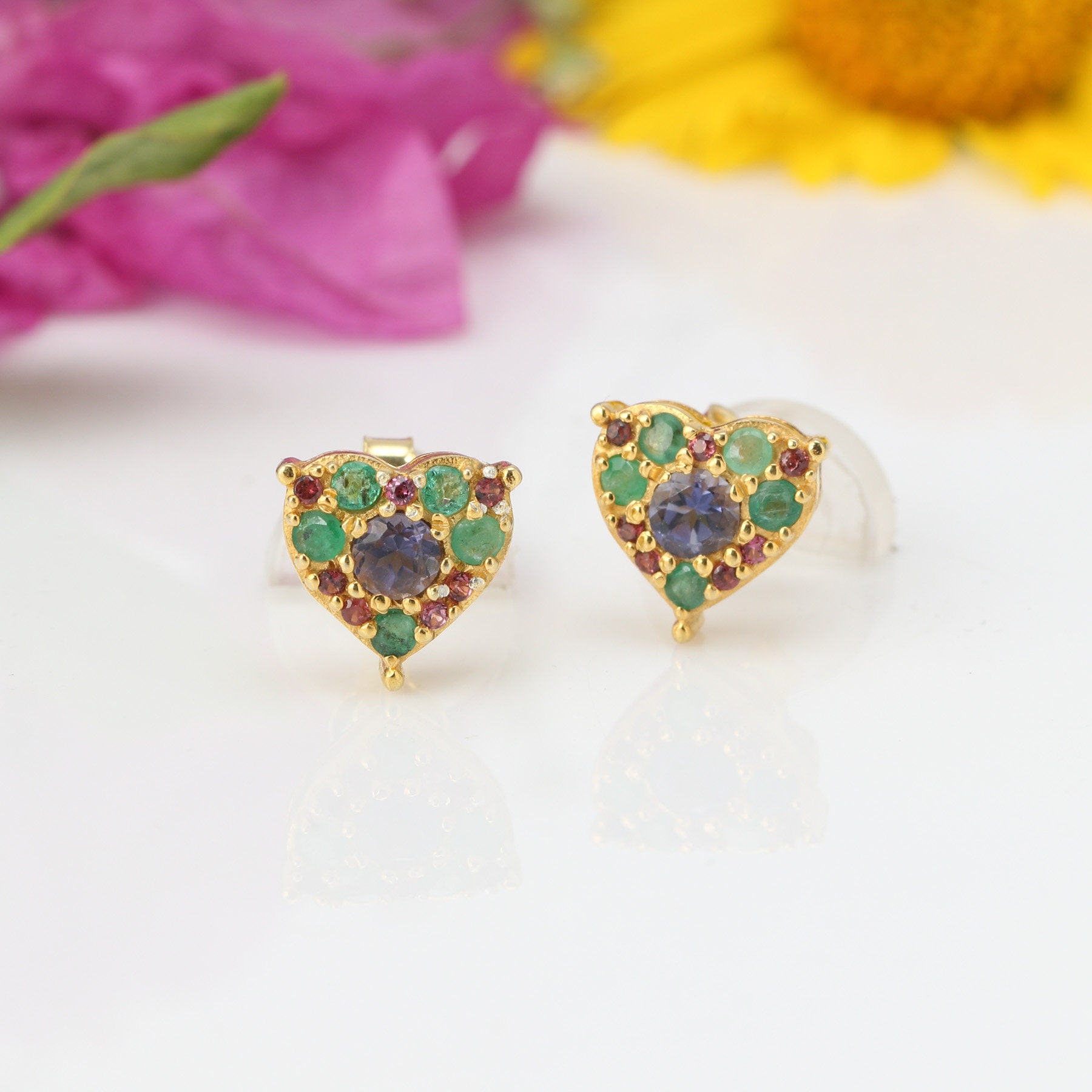 Heart Shape Emerald, Iolite & Garnet Stud Earrings - Etsy