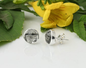 Natural Rutile Quartz Stud Earrings 925 Sterling Silver, Black Needle Quartz Jewelry, Healing Crystal Earrings, Gift for Her