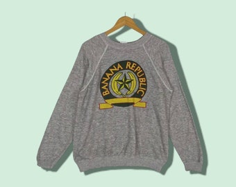 Vintage 80&#39;s HANES Banana Republic Big Logo Sweatshirt Vintage Banana Republic Jumper Vintage Hanes Pullover Grey Size Medium