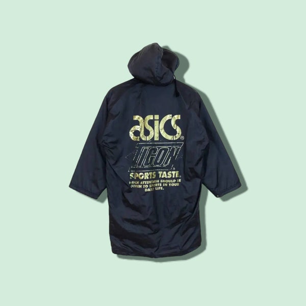 Vintage 90's ASICS Tigon Sportswear Windbreaker Jacket Asics Longline Jacket Asics Longline Padded Hoodie Asics Long Parka Black Size Small