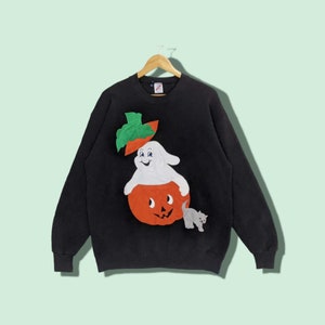 Vintage 90&#39;s JERZEES Jumper Halloween Pullover Pumpkin Crewneck Ghostbuster Sweatshirt Halloween Sweater Black Size Extra Large XL