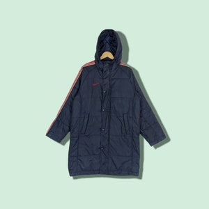 Vintage 2000&#39;s NIKE Raincoat Parka Jacket Hoodie Nike Longline Jacket Nike Longline Padded Hoodie Nike Long Parka Indigo Size Large
