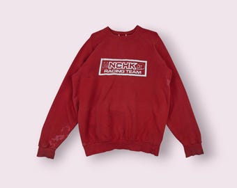 Vintage 80's Japan NCHK Racing Motorsport Mitsubishi Jumper Vintage Racing Team Sweatshirt Honda Yamaha Mitsubishi Ferrari Red Size Medium