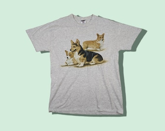Vintage 90's Cute Dog Animal Graphic T-Shirt Vintage Jerzees Tee Made In USA Grey Size Medium