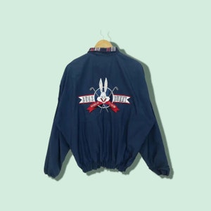 Vintage 90&#39;s 1997 WARNER BROS Bug Bunny Golf Club Harrington Windbreaker Golf Jacket Purple Size Large