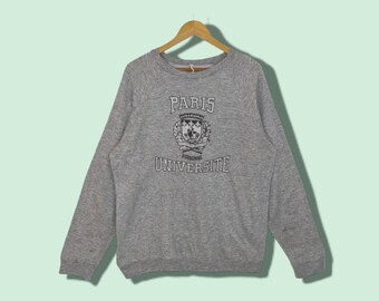 Vintage 90's PARIS UNIVERSITE Sweatshirt Paris University Pullover Jumper College Crewneck Sweater Grey Size Large