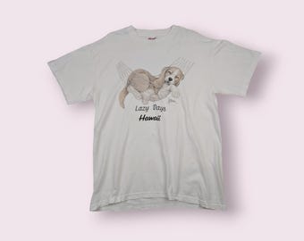 Vintage 90's Cute Dog Lazy Days Hawaii T Shirt Single Stitches Tee Vintage Hanes Tee White Size Medium