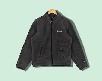 Jaqueta vintage CHAMPION Streetwear Fluffy Fleece dos anos 2000, modelo Champion Sherpa para caminhadas e atividades ao ar livre, cor cinza Everest Nepal, tamanho médio.