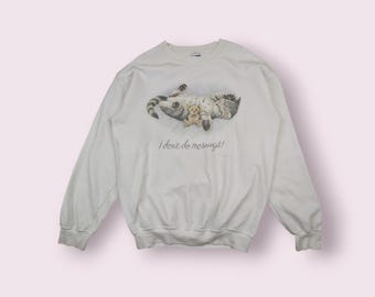 Vintage 2000's Cute Cat I Dont Do Morning Pullover Jumper Vintage Animal Dog Sweatshirt Vintage Hawaii Crewneck White Size Medium