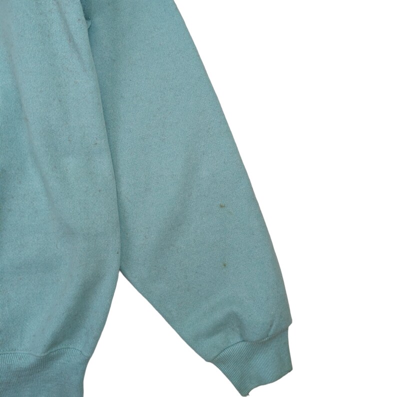 Puede incluir: Una sudadera de color azul claro con pu&ntilde;os y dobladillo de canal&eacute;. La sudadera tiene algunas peque&ntilde;as manchas marrones.