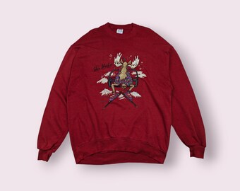 Vintage 90's SKI IDAHO Resorts Rudolph Jumper Vintage Jerzees Sweatshirt Vintage Ski Pullover Vintage Ski Idaho Sweater Red Size XL