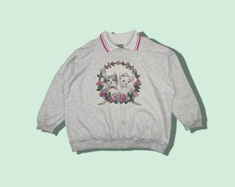 Vintage des années 90 chat mignon animal tee pull pull chat sweat gris clair femme taille XXL