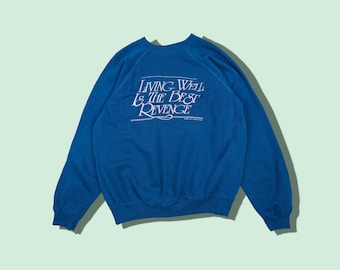 Suéter vintage de los años 80, 1986, Living Well Revenge, sudadera vintage Hanes con cuello redondo, color azul, talla grande