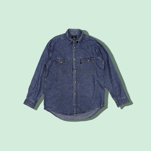 Vintage BIG JOHN Jeans Button Up Denim Shirt Flannel Blue Denim Size Medium
