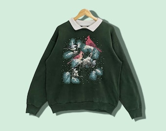 Vintage 90's COTTON GROVE Pullover Jumper Bird Painting Drawing Sweatshirt American Vintage Animal Graphic Sweater Green Size Large