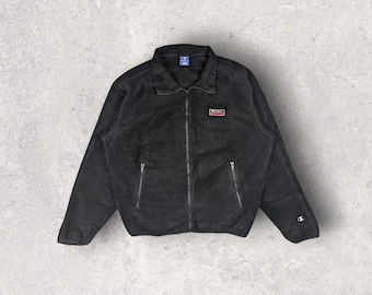 Vintage 90er CHAMPION Streetwear Flauschige Fleece Jacke Champion Sherpa Wandern Outdoor Jacke Everest Nepal Schwarz Gr. Large