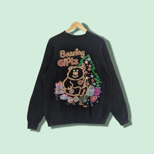 Vintage 90's BEARING GIFT Sweatshirt Christmas Jumper Santa Claus Full Image Pullover Christmas Crewneck Blue Black Women Free Size